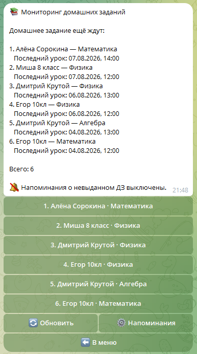 Мониторинг домашних заданий